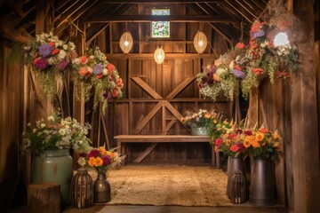 Poster - decorative barn with hanging lanterns, bouquets of flowers and rustic accents, created with generative ai