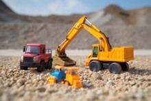 Toy Dump Truck And Excavator Left In A Sandy Beach Construction Site, Created With Generative Ai