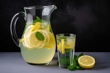 Poster - pitcher of tangy and sweet lemonade, with slices of fresh lemon and mint, created with generative ai