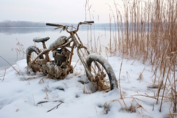 Canvas Print - abandoned bike half-buried in snow near a frozen lake, created with generative ai