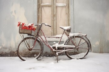 Wall Mural - snow-covered tandem bicycle waiting for riders, created with generative ai