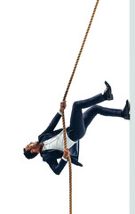 Wall Mural - Success-driven business man climbing a rope on a transparent background