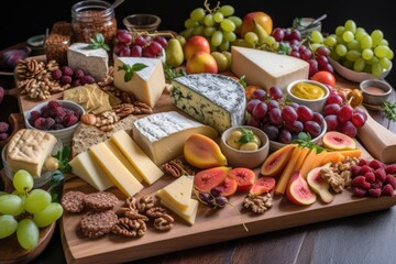 Poster - platter of cheeses, fruits and vegetables for the ultimate cheese board, created with generative ai