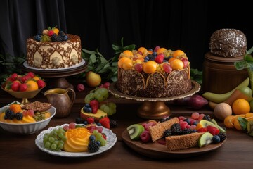 Poster - decadent dessert presentation, featuring intricate cake design and hand-selected fruit, created with generative ai