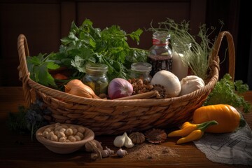 Wall Mural - basket of fresh ingredients for a variety of recipes, including spices and herbs, created with generative ai