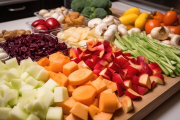 Wall Mural - close-up of fruit and vegetable ingredients, ready to be cooked into a delicious dish, created with generative ai