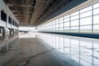 © altitudevisual - empty airport terminal, with view of the runway and airplanes, in minimalist industrial setting, created with generative ai
