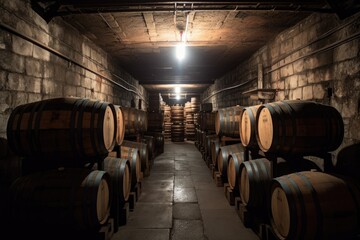 Sticker - whiskey barrels in a dimly-lit cellar, created with generative ai