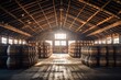 distillery warehouse filled with stacked whiskey barrels, created with generative ai