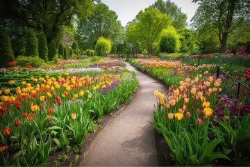 Poster - majestic tulip garden, with vibrant colors and unique variety of flowers, created with generative ai