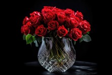 Red Rose Bouquet In Crystal Vase On Black Background, Created With Generative Ai