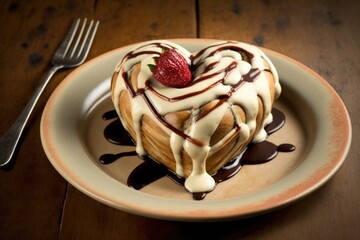 Poster - heart-shaped cinnamon roll with drizzled icing, sitting on a heart-shaped plate, created with generative ai