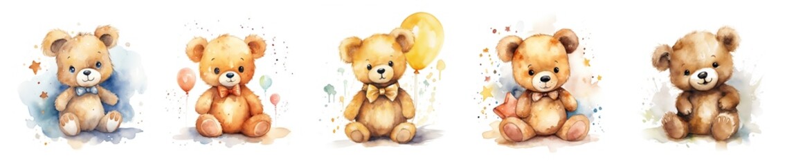 Generative AI, Set of 5 super cute brown teddy bear watercolor isolated on white background