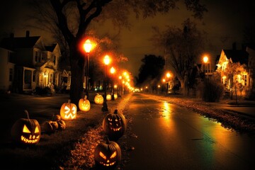 Poster - jack-o'-lantern parade, with lanterns lining the street for a spooky and festive display, created with generative ai