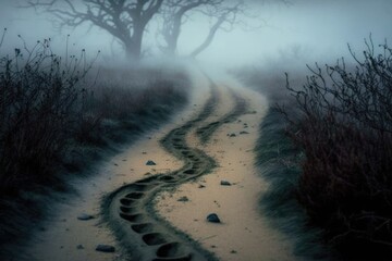 Poster - close-up of mysterious foggy path with footprints in the dust, created with generative ai