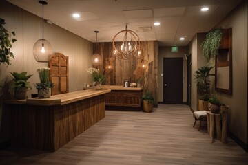 Wall Mural - reception area with warm and welcoming vibe, featuring natural elements like wood, plants and candles, created with generative ai