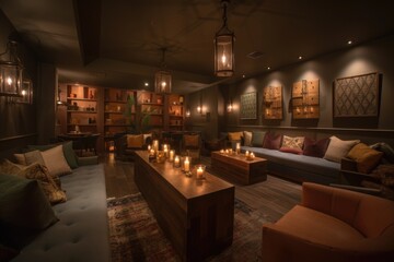 Sticker - a warm and welcoming atmosphere with earthy tones, plush seating, and candles, created with generative ai