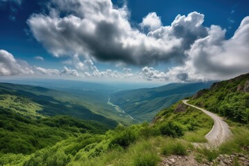 Wall Mural - stunning vista from a mountain road, with clouds and sky in the background, created with generative ai