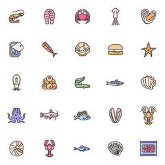 Aufkleber - seafood menu filled outline icons set
