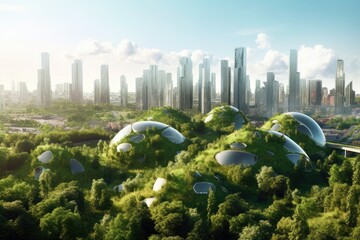 Canvas Print - skyline of futuristic city with eco-friendly green rooftops, created with generative ai