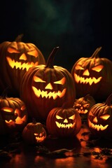 Wall Mural - spooky carved jack-o-lanterns glowing in the dark, created with generative ai