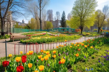 Canvas Print - park with tulip fields and playground for children, in vibrant springtime scene, created with generative ai