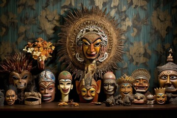 Canvas Print - artistic arrangement of balinese masks outdoors, created with generative ai