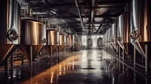 Brewery. Modern Beer Plant With Brewering Kettles, Tubes And Tanks Made Of Stainless Steel