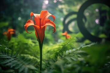 Poster - spiral-shaped flame lily amidst lush foliage, created with generative ai