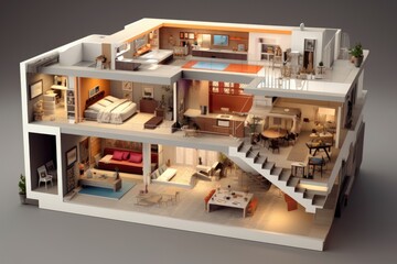 Poster - cross-section view of a 3d printed house showing interior layout, created with generative ai