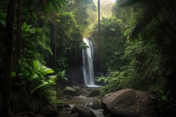 Poster - majestic waterfall surrounded by lush greenery in tropical jungle, created with generative ai