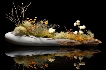 Canvas Print - serene pond reflection of a beautiful ikebana display, created with generative ai