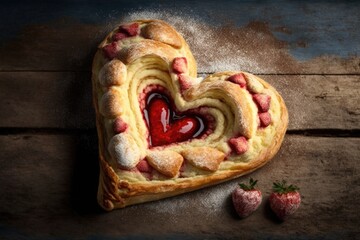 Poster - heart-shaped danish pastry with strawberry filling, surrounded by a heart, created with generative ai