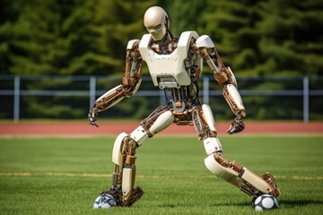 Sticker - robotic leg kicking a soccer ball, created with generative ai