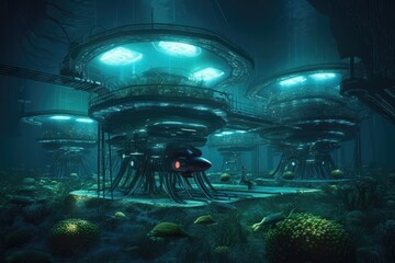 Canvas Print - futuristic underwater research facility illuminated, created with generative ai