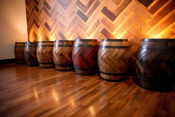 Sticker - whiskey barrels arranged in a herringbone pattern, created with generative ai