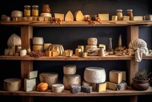 Variety Of Cheese Types Maturing On Oak Shelves, Created With Generative Ai