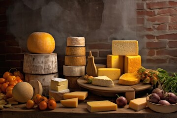 Wall Mural - stacked cheese wheels with cellar brick background, created with generative ai