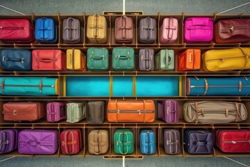 Wall Mural - overhead view of luggage carousel with colorful bags, created with generative ai