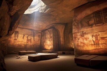 ancient rock paintings under dramatic lighting, created with generative ai