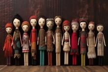 Artful Display Of Finished Handmade Dolls In A Row, Created With Generative Ai