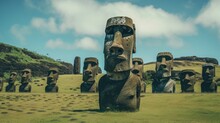 Photo Of A Group Of Moai Statues Standing In A Serene Grassy Field .generative Ai
