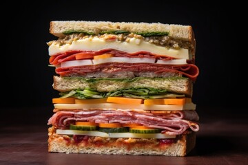 Wall Mural - layers of vegetables, cheese, and meat in sandwich, created with generative ai