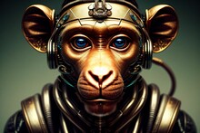 Portrait Of High-tech Monkey Made Out Of Metal Generated By AI.