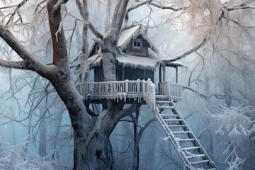 Poster - abandoned treehouse seen through frosty branches, created with generative ai