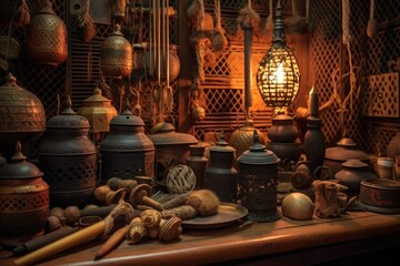 Poster - traditional moroccan lantern workshop tools, created with generative ai