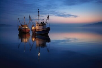 Wall Mural - trawlers reflection on calm sea surface at twilight, created with generative ai