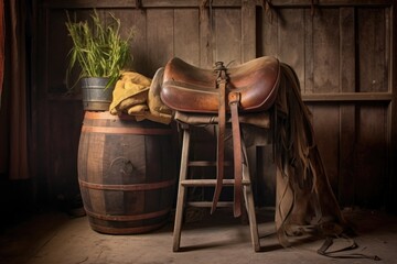 Wall Mural - leather saddle on workhorse in rustic setting, created with generative ai