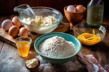 Wall Mural - flour, eggs, and water ingredients for pasta dough, created with generative ai