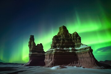 Sticker - aurora borealis above a desert rock formation at night, created with generative ai